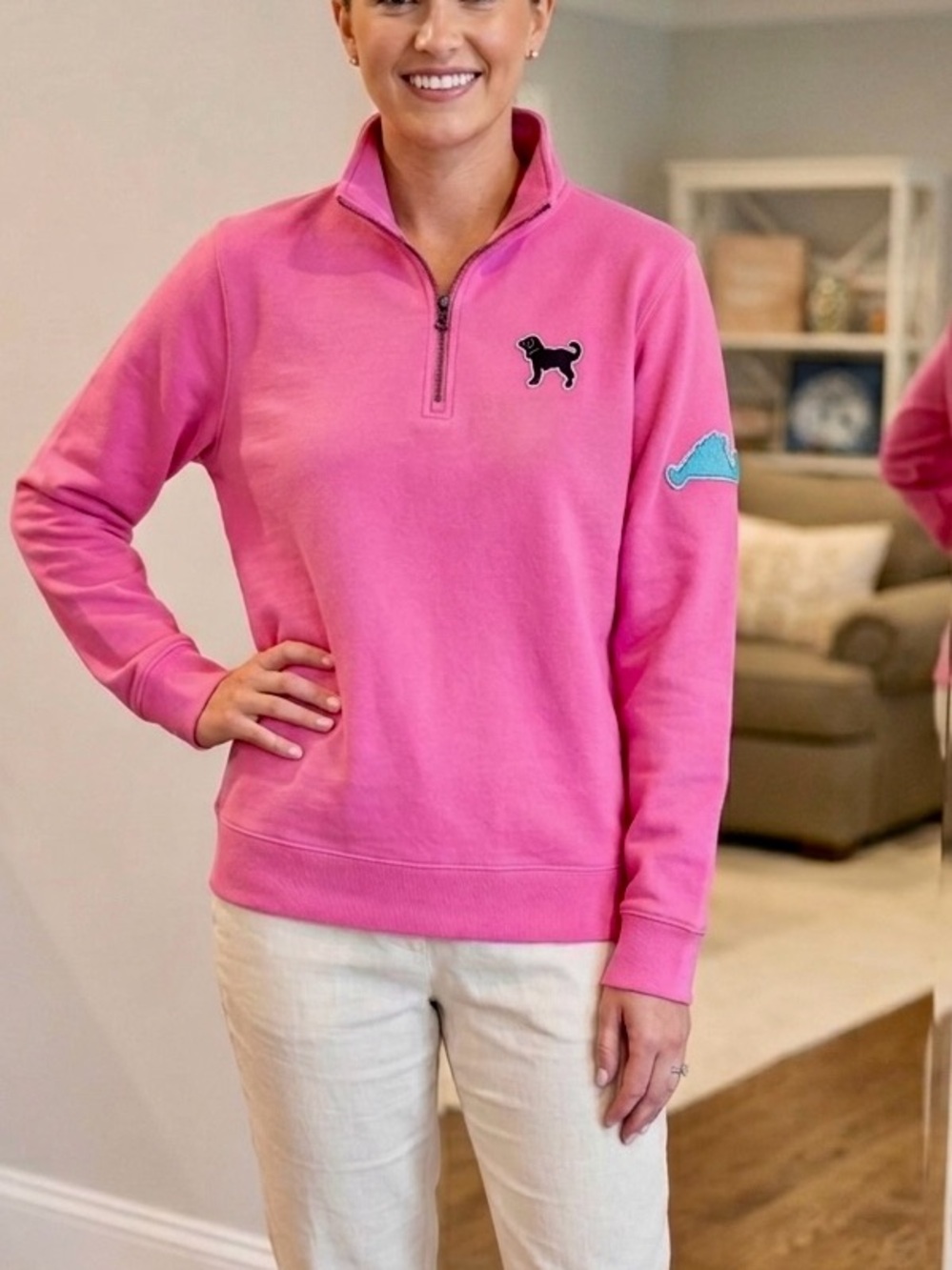 THE BLACK DOG 1/4 Zip Pullover Long Sleeve Hot Pink Sweatshirt Tshirt Preppy Tee